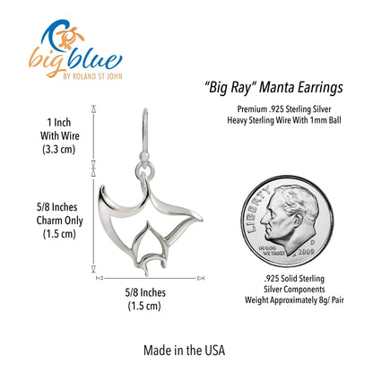 Big Blue by Roland St John "Big Ray" manta ray drop earrings in sterling silver. Realistic design, 1.25 inches with wire.