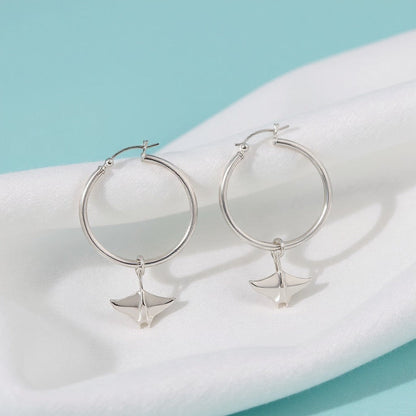 Big Blue by Roland St John sterling silver manta ray drop hoop earrings, part of the Sealife Collection. Realistic design, hypoallergenic.
