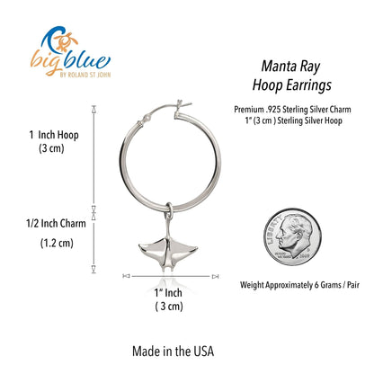 Big Blue by Roland St John sterling silver manta ray drop hoop earrings, 1.75" long. Realistic ocean-inspired jewelry.