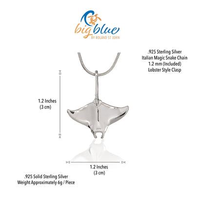 Big Blue by Roland St John realistic manta ray pendant necklace in sterling silver with Italian snake chain.