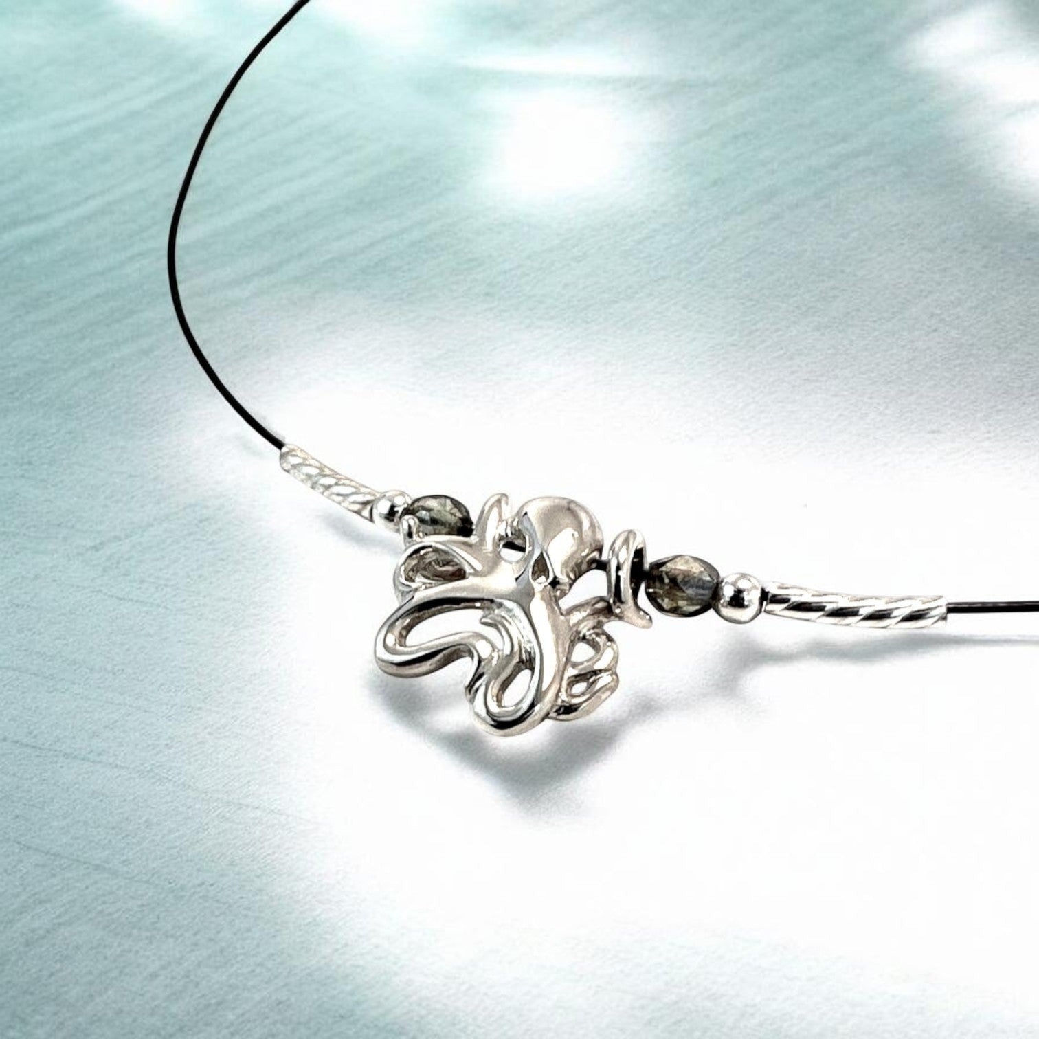 Big Blue by Roland St John sterling silver choker necklace with a detailed octopus pendant and grey accent beads.