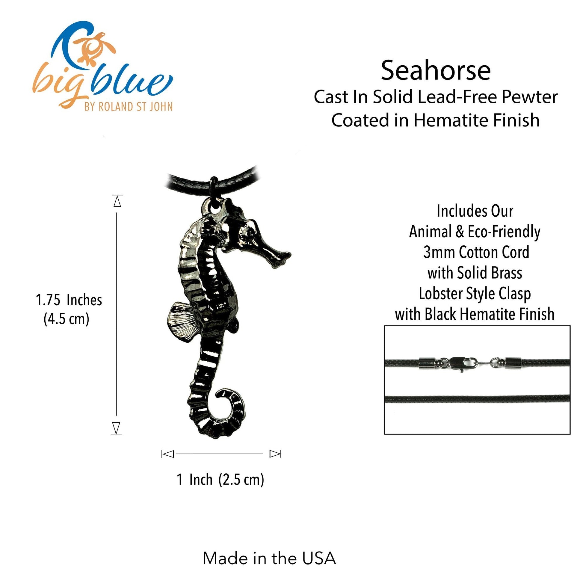 Big Blue by Roland St John jet black hematite finish seahorse pendant on black cotton cord. Realistic 3D design, approx. 2" tall.