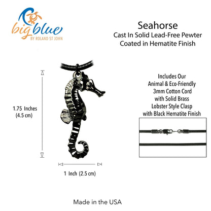 Big Blue by Roland St John jet black hematite finish seahorse pendant on black cotton cord. Realistic 3D design, approx. 2" tall.