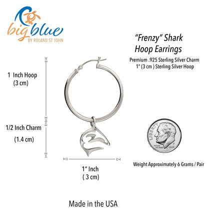 Big Blue by Roland St John "Frenzy" shark hoop earrings in sterling silver. Features a 1-inch hoop with a 1/2-inch shark charm.