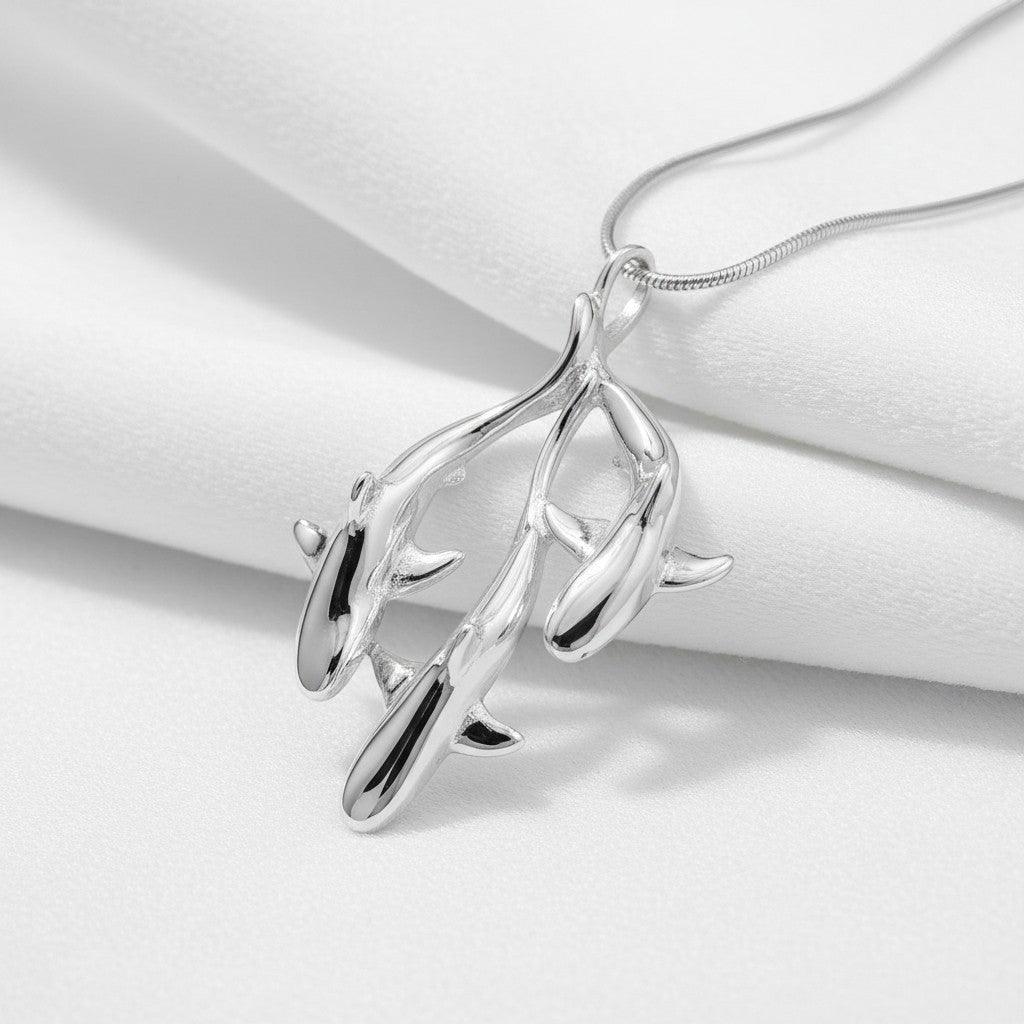 Big Blue by Roland St John sterling silver triple grey reef shark pendant necklace, Ocean In Motion Collection.