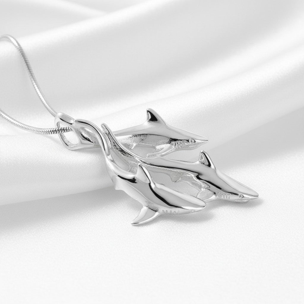 Big Blue by Roland St John sterling silver triple grey reef shark pendant necklace, Ocean In Motion Collection.