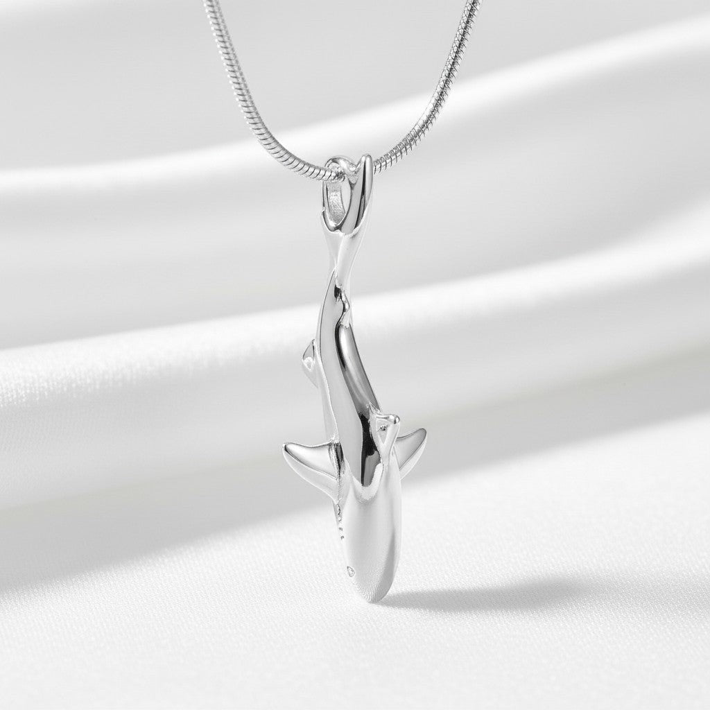Big Blue by Roland St John realistic sterling silver grey reef shark pendant on a snake chain.