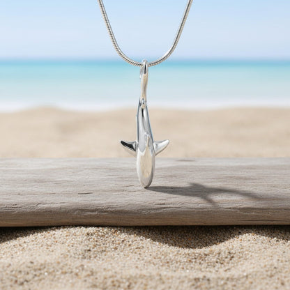 Big Blue by Roland St John sterling silver grey reef shark pendant on snake chain, realistic design, beach setting.