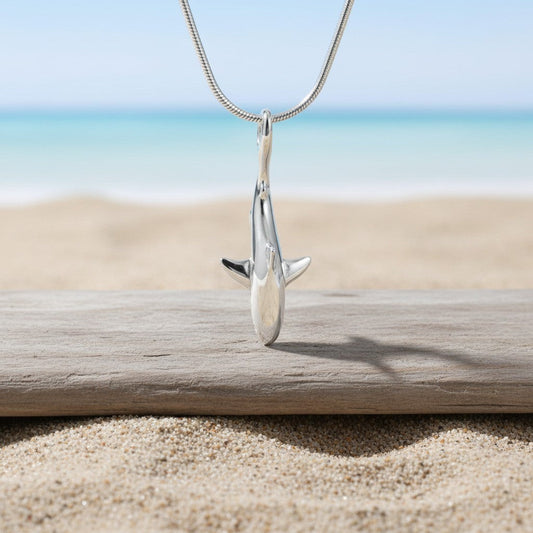 Big Blue by Roland St John sterling silver grey reef shark pendant on snake chain, realistic design, beach setting.