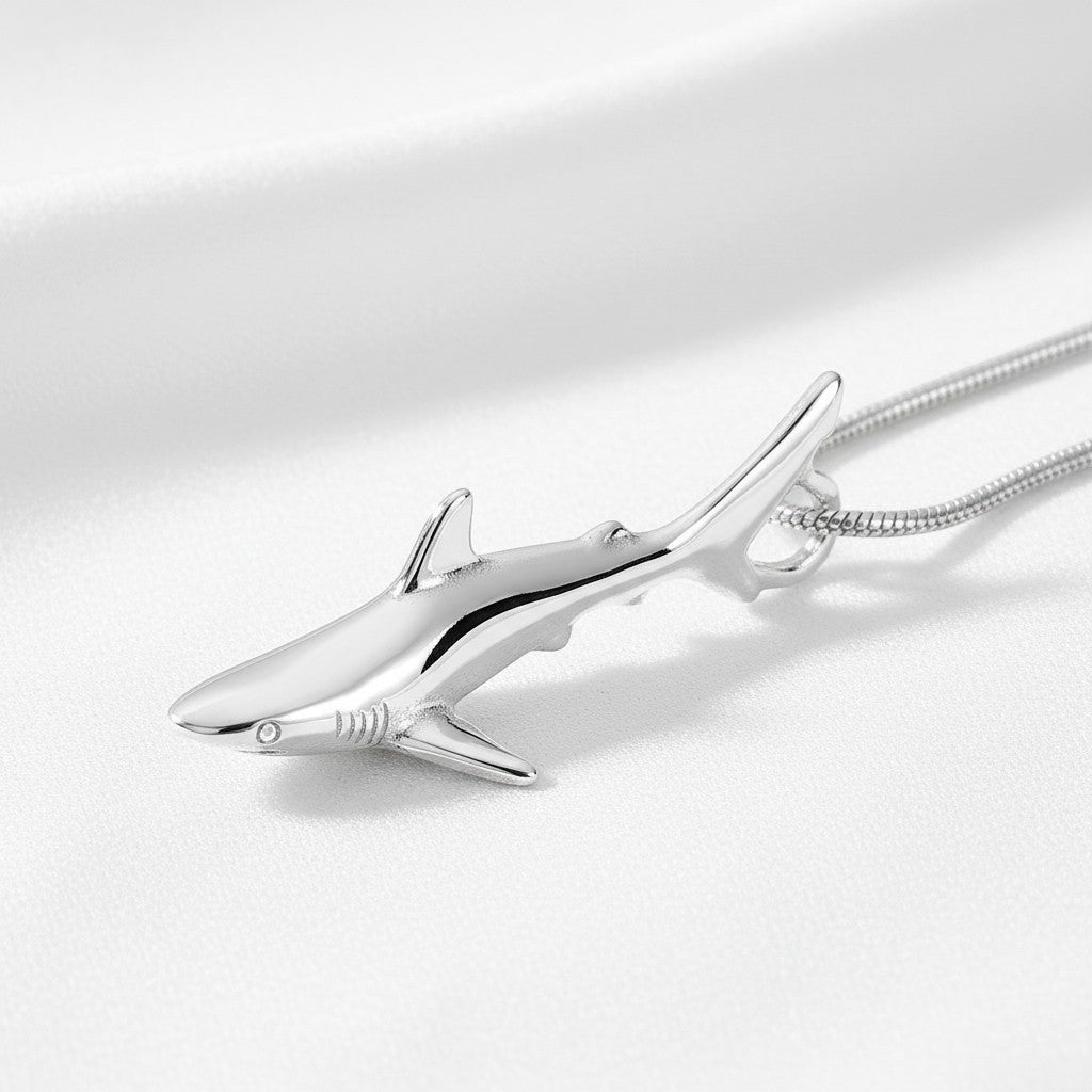 Big Blue by Roland St John realistic sterling silver grey reef shark pendant with snake chain.