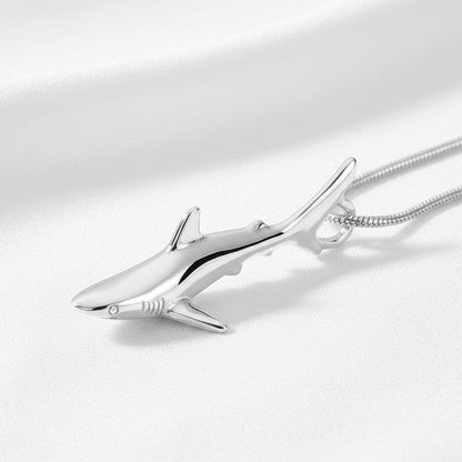 Big Blue by Roland St John realistic sterling silver grey reef shark pendant with snake chain.