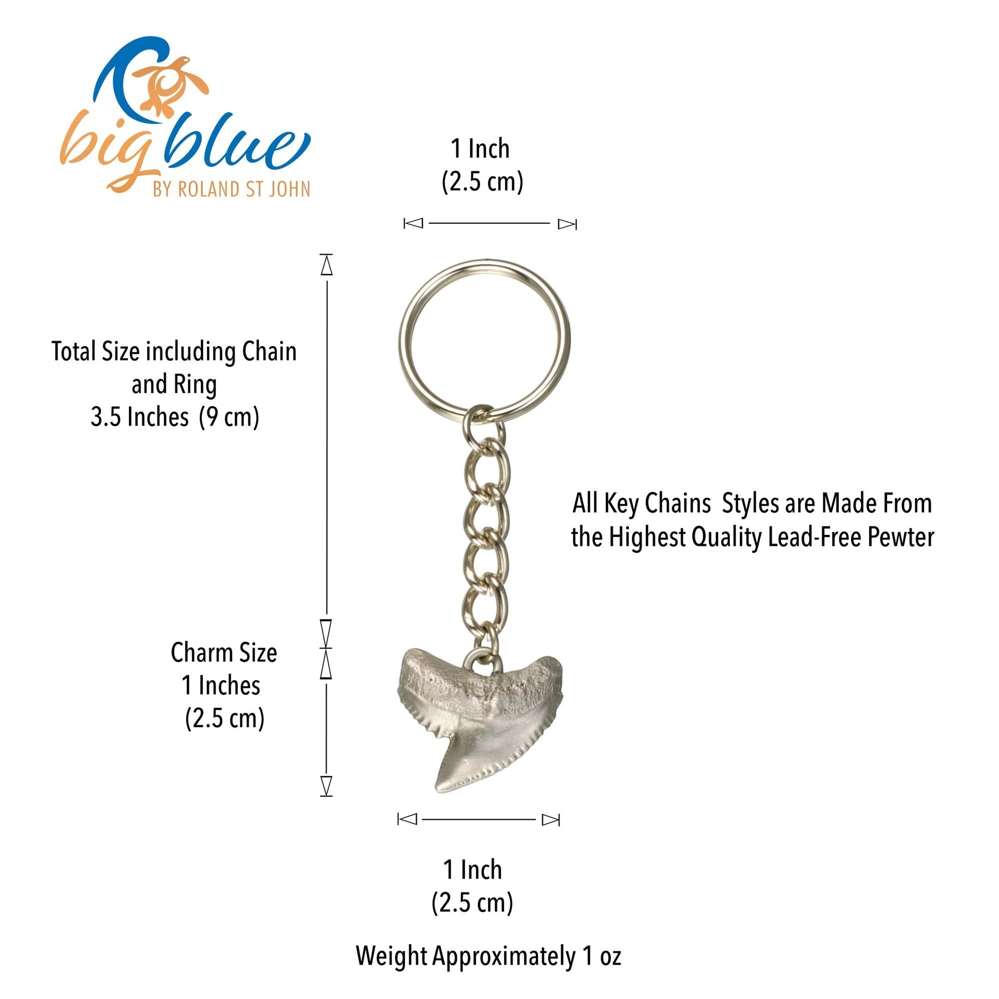 Big Blue by Roland St John pewter tiger shark tooth keychain, 1 inch charm, 3.5 inches total length. Realistic 3D replica.