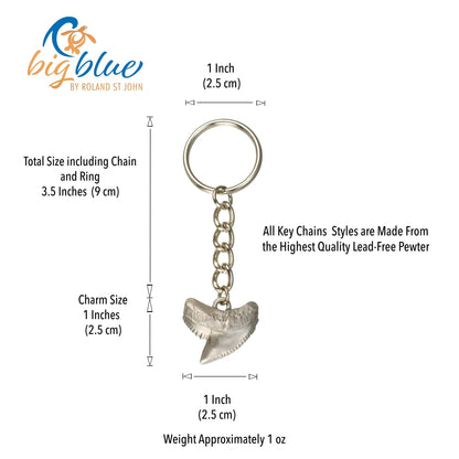 Big Blue by Roland St John pewter tiger shark tooth keychain, 1 inch charm, 3.5 inches total length. Realistic 3D replica.