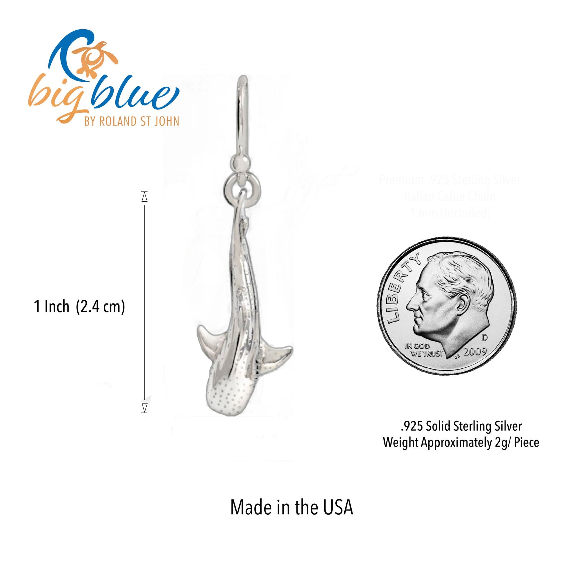 Big Blue by Roland St John silver whale shark drop earrings, 1 inch tall, detailed 3D design, .925 sterling silver.