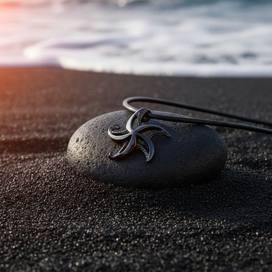 Big Blue by Roland St John Starfish necklace with jet black finish on a black cord, resting on a dark stone on black sand beach.