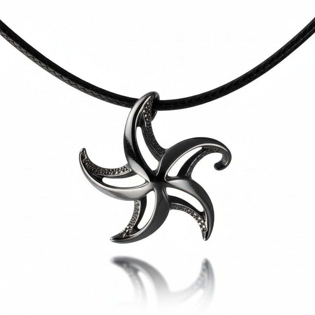 Big Blue by Roland St John starfish pendant necklace in jet black finish on a black cord, modern unisex design.