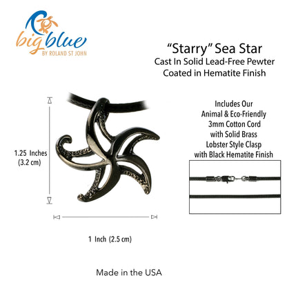 Big Blue by Roland St John "Starry" starfish pendant necklace in jet black hematite finish on a black cotton cord.