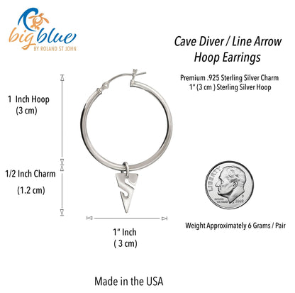 Big Blue by Roland St John sterling silver hoop earrings with cave diver line arrow charm. 1-inch hoop, 0.5-inch charm.