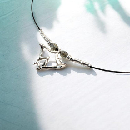Big Blue by Roland St John sterling silver manta ray choker necklace with grey beads and a twisted silver accent.