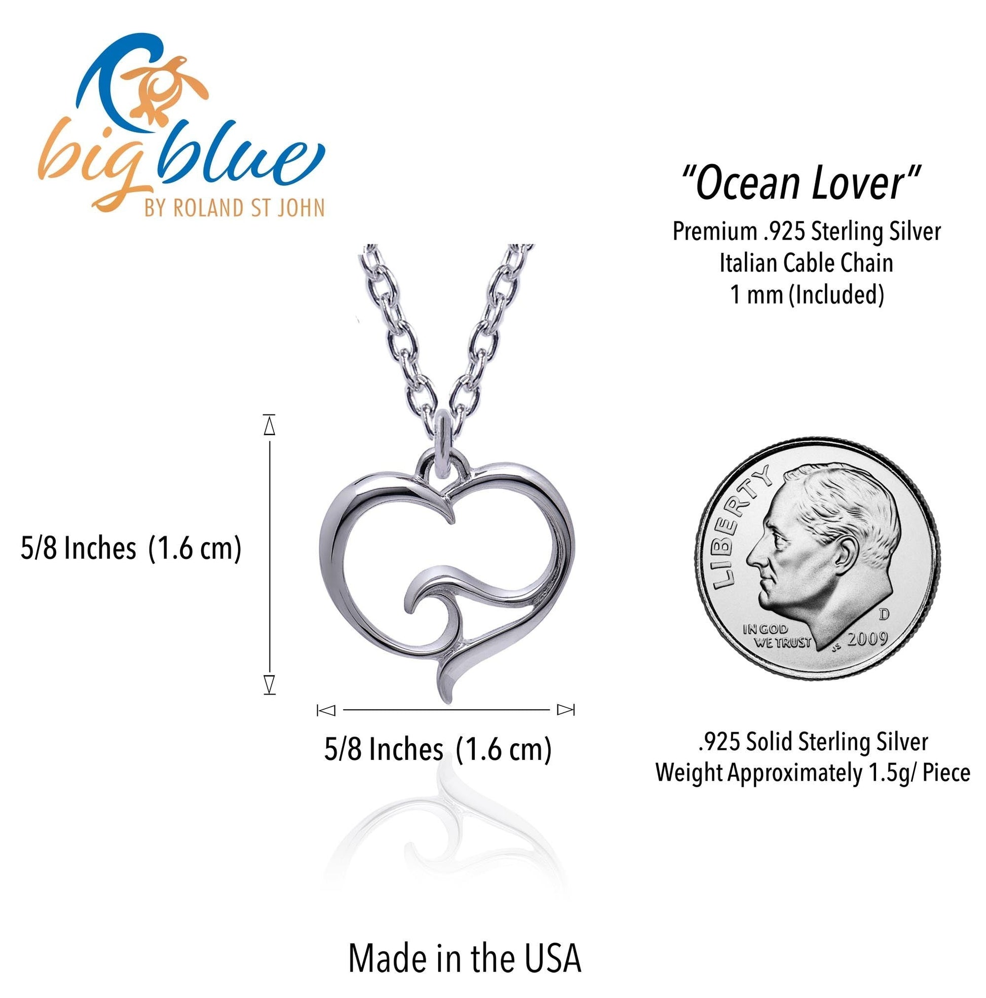 Big Blue by Roland St John sterling silver ocean wave heart pendant necklace, 5/8 inch size, hypoallergenic and nickel-free.