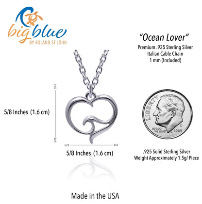 Big Blue by Roland St John sterling silver ocean wave heart pendant necklace, 5/8 inch size, hypoallergenic and nickel-free.