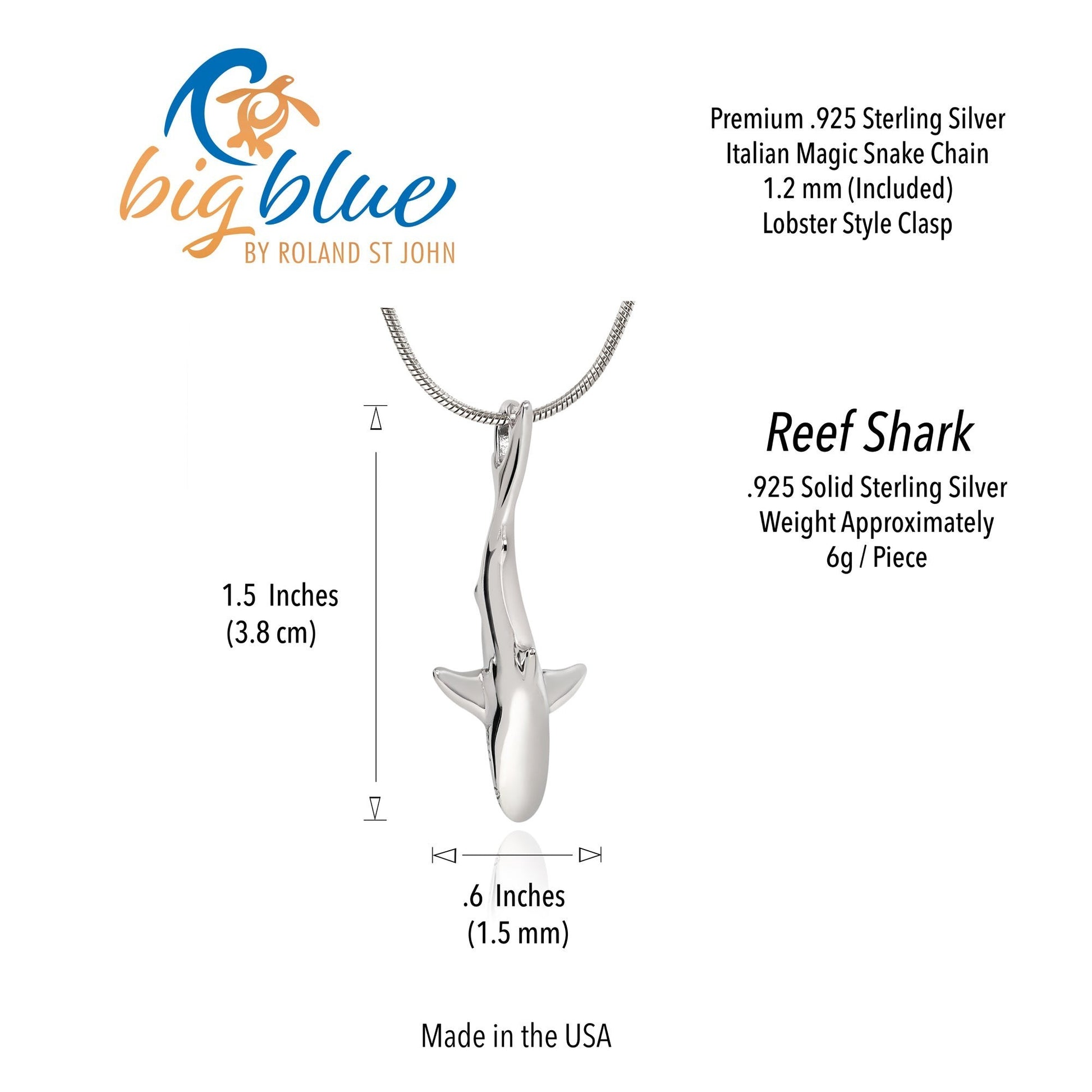 Big Blue by Roland St John realistic sterling silver grey reef shark pendant, 1.5" long, on a snake chain.
