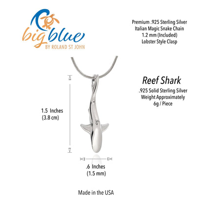 Big Blue by Roland St John realistic sterling silver grey reef shark pendant, 1.5" long, on a snake chain.