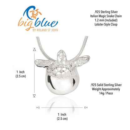 Big Blue by Roland St John sterling silver baby sea turtle hatchling necklace, symbolizing hope and resilience. Detailed design.
