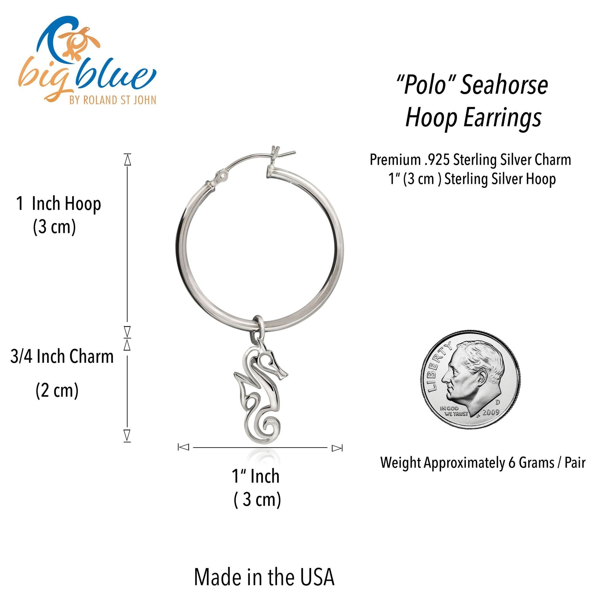 Big Blue by Roland St John sterling silver seahorse hoop earrings. Features a 1-inch hoop with a 3/4-inch seahorse charm.