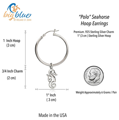 Big Blue by Roland St John sterling silver seahorse hoop earrings. Features a 1-inch hoop with a 3/4-inch seahorse charm.