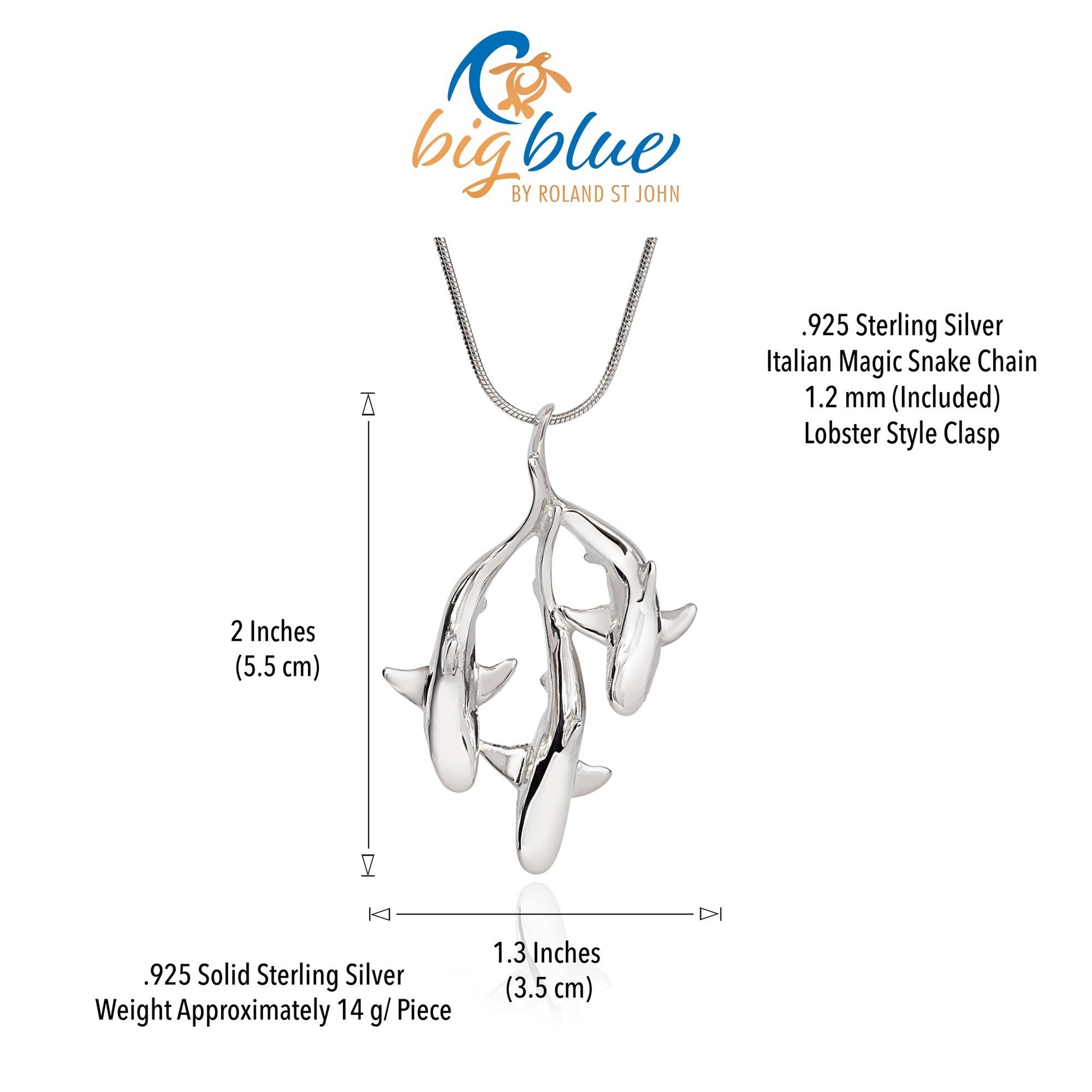 Big Blue by Roland St John sterling silver triple grey reef shark pendant necklace, 2 inches long.