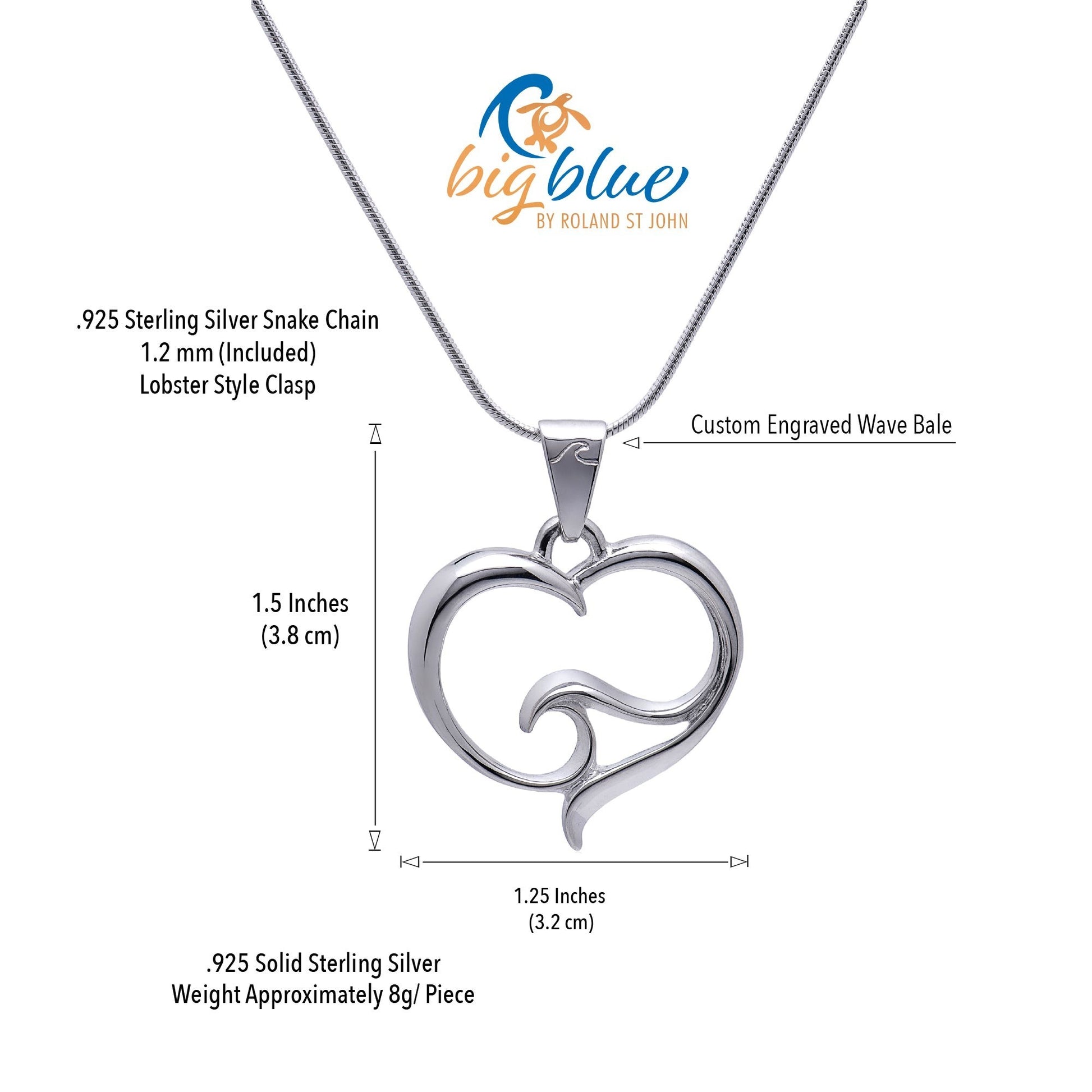 Big Blue by Roland St John sterling silver heart pendant necklace with wave design and snake chain.