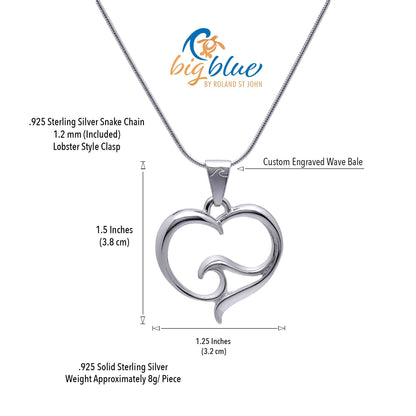 Big Blue by Roland St John sterling silver heart pendant necklace with wave design and snake chain.