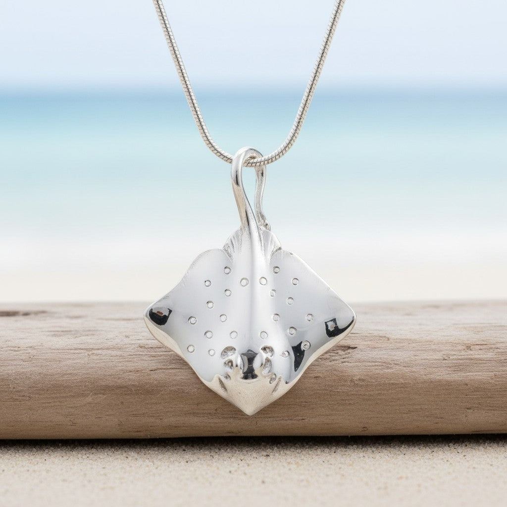 Big Blue by Roland St John sterling silver stingray pendant necklace with snake chain, inspired by ocean life.