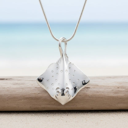 Big Blue by Roland St John sterling silver stingray pendant necklace with snake chain, inspired by ocean life.