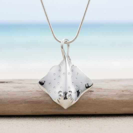 Big Blue by Roland St John sterling silver stingray pendant necklace with snake chain, inspired by ocean life.