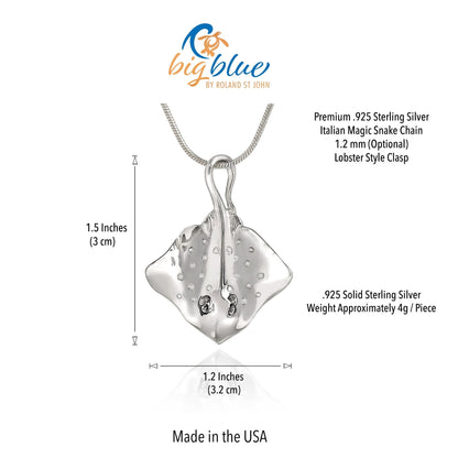 Big Blue by Roland St John sterling silver stingray pendant necklace, detailed with small circles. Pendant is 1.25" tall.