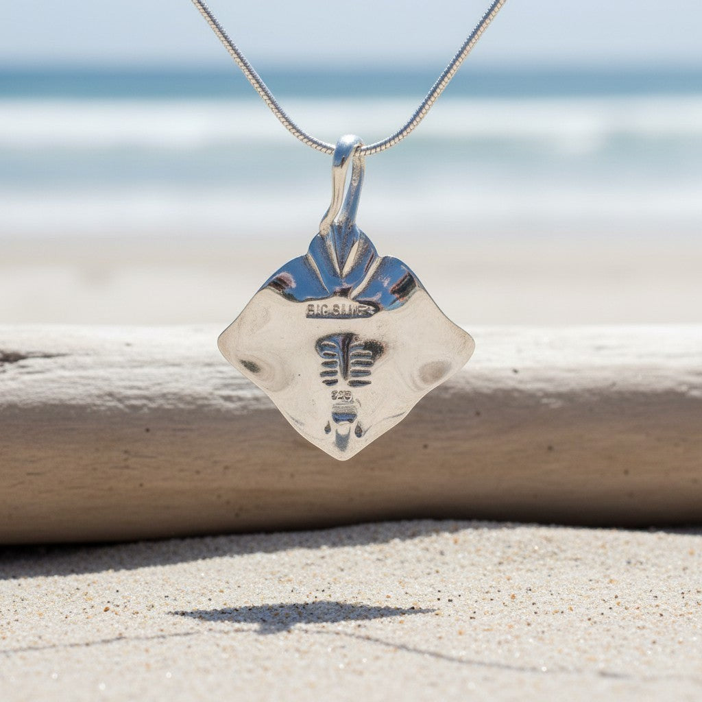 Big Blue by Roland St John sterling silver stingray pendant necklace, realistic ocean-inspired design.