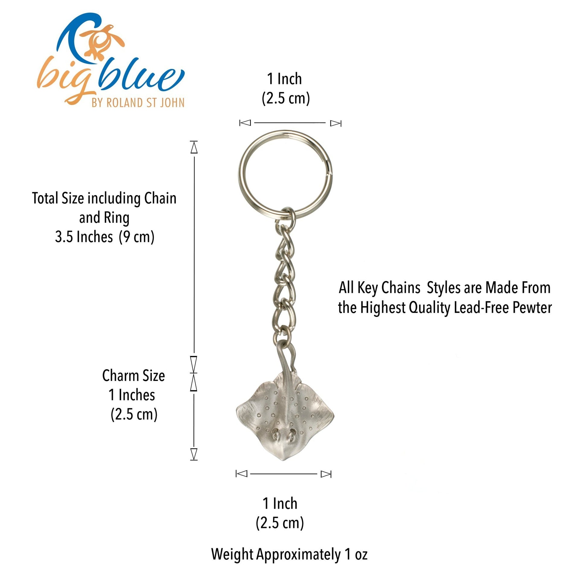 Big Blue by Roland St John pewter stingray keychain with dive flag detail on reverse. Charm is 1.25 inches.