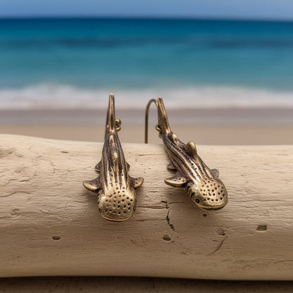 Big Blue by Roland St John bronze whale shark drop earrings, detailed 3D design, boho style, perfect for ocean lovers.