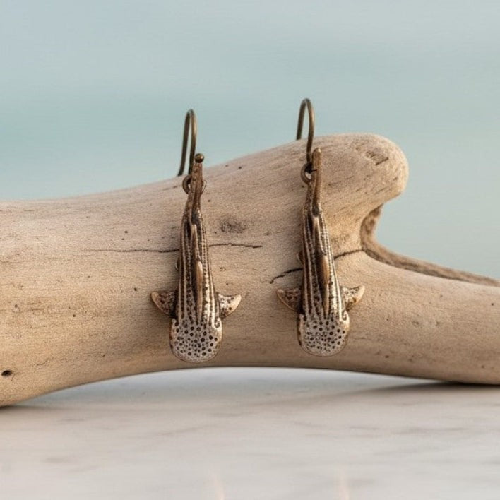 Big Blue by Roland St John bronze whale shark drop earrings, boho style, detailed 3D design, approx 1 inch.