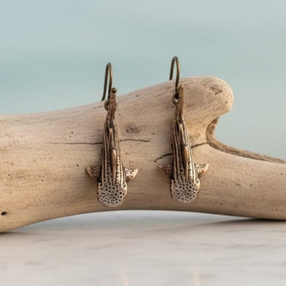 Big Blue by Roland St John bronze whale shark drop earrings, boho style, detailed 3D design, approx 1 inch.