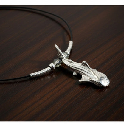 Big Blue by Roland St John sterling silver whale shark pendant choker necklace on black cable wire with silver accents.