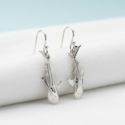 Big Blue by Roland St John sterling silver 3D whale shark drop earrings, handcrafted and detailed.