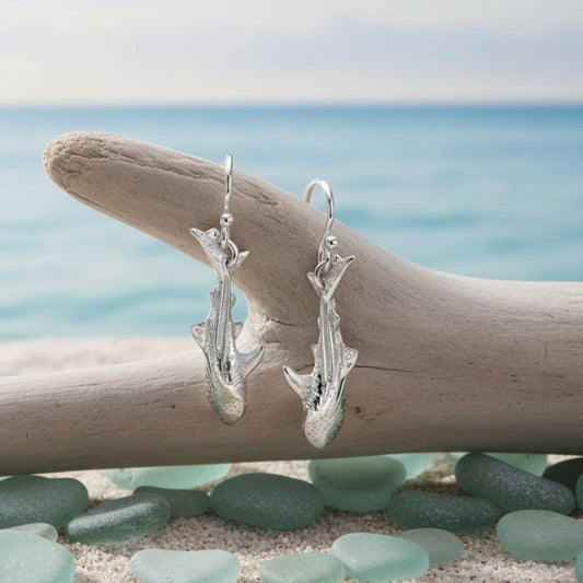 Big Blue by Roland St John sterling silver 3D whale shark drop earrings, handcrafted for marine life enthusiasts.