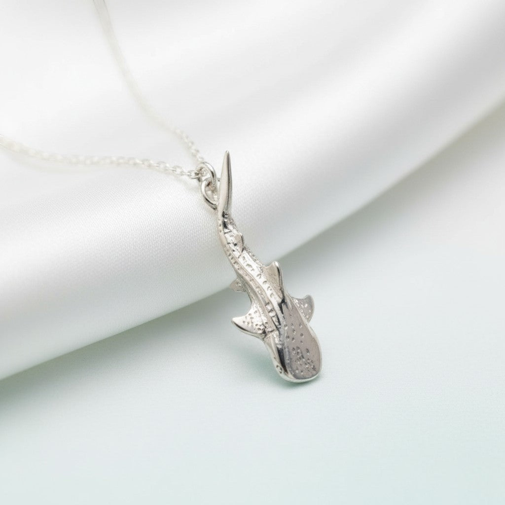 Big Blue by Roland St John sterling silver mini whale shark necklace, detailed 3D pendant on a delicate chain.