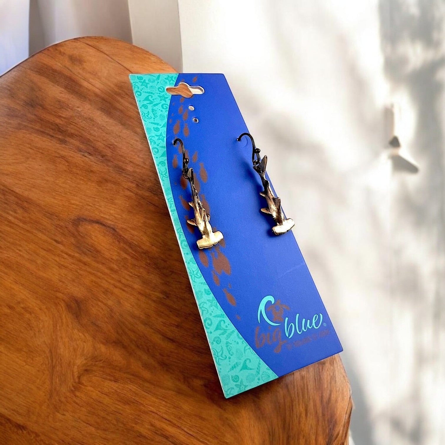Big Blue by Roland St John bronze hammerhead shark dangle earrings, handcrafted boho style, perfect for ocean lovers.