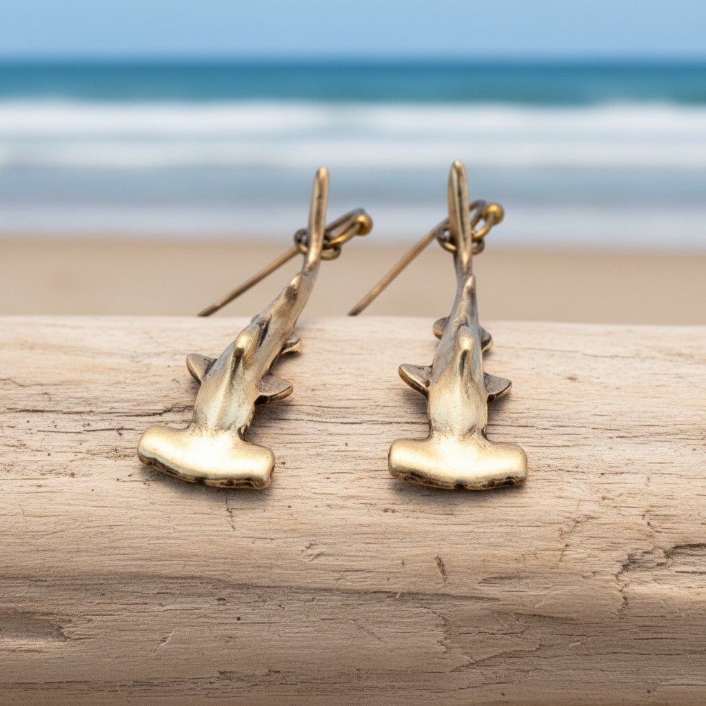 Big Blue by Roland St John bronze hammerhead shark earrings, detailed 3D design, boho style, perfect for ocean lovers and divers.