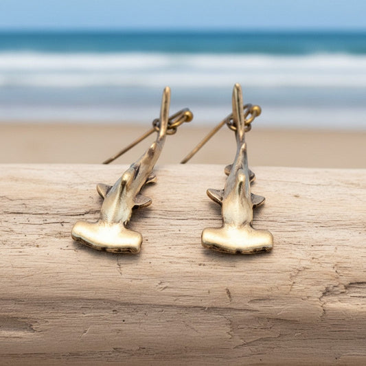 Big Blue by Roland St John bronze hammerhead shark earrings, detailed 3D design, boho style, perfect for ocean lovers and divers.