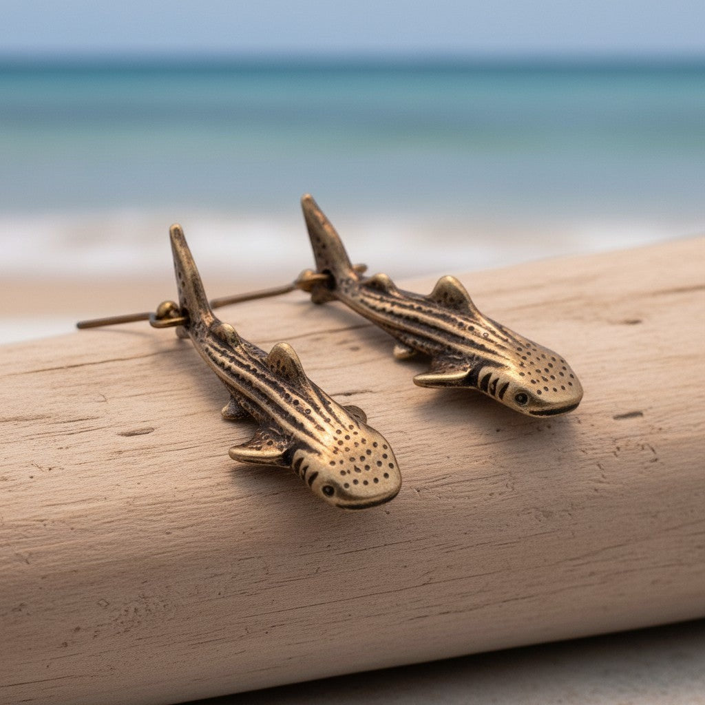 Big Blue by Roland St John bronze whale shark drop earrings, detailed 3D design, boho style, perfect for ocean lovers.